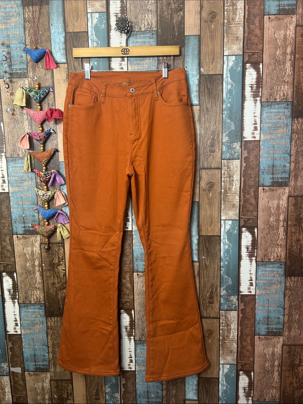 High-Rise Flared Jeans in Burnt Orange with fleece lining